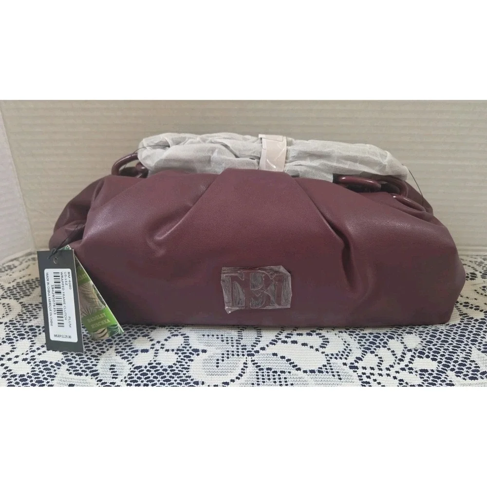 Badgley Mischka Plum Wrapped Frame Clutch Shoulder Bag Detachabl Chain Strap NWT